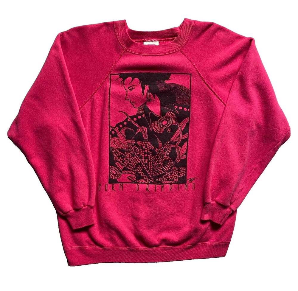 Vintage 80s 90s Hanes Pink Graphic Sweatshirt Crewneck L Mayumi Oda USA Fleece